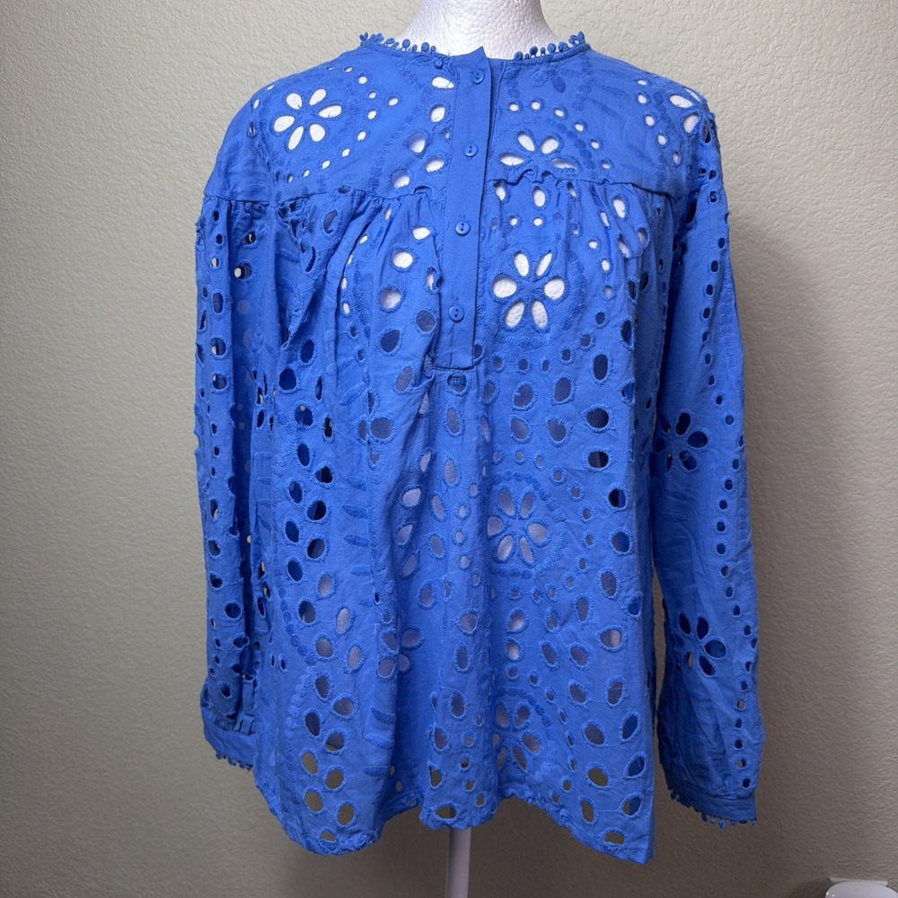 LIV Los Angeles Blue Eyelet Lace Blouse Womens S Cotton Long Sleeve Pom Trim